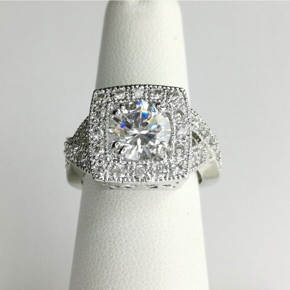 VINTAGE inspired 3ct CZ ring 14k white gold overlay size 7 - Picture 2 of 6